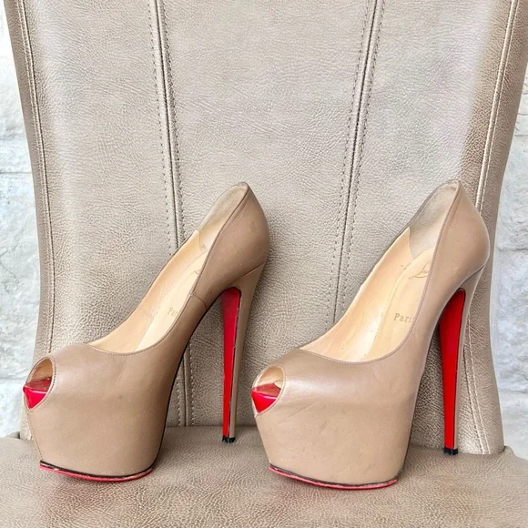 Christian Louboutin Highness 160 Nude Tan Platform Red Peep Toe Euro 38 1/2 - Picture 3 of 16